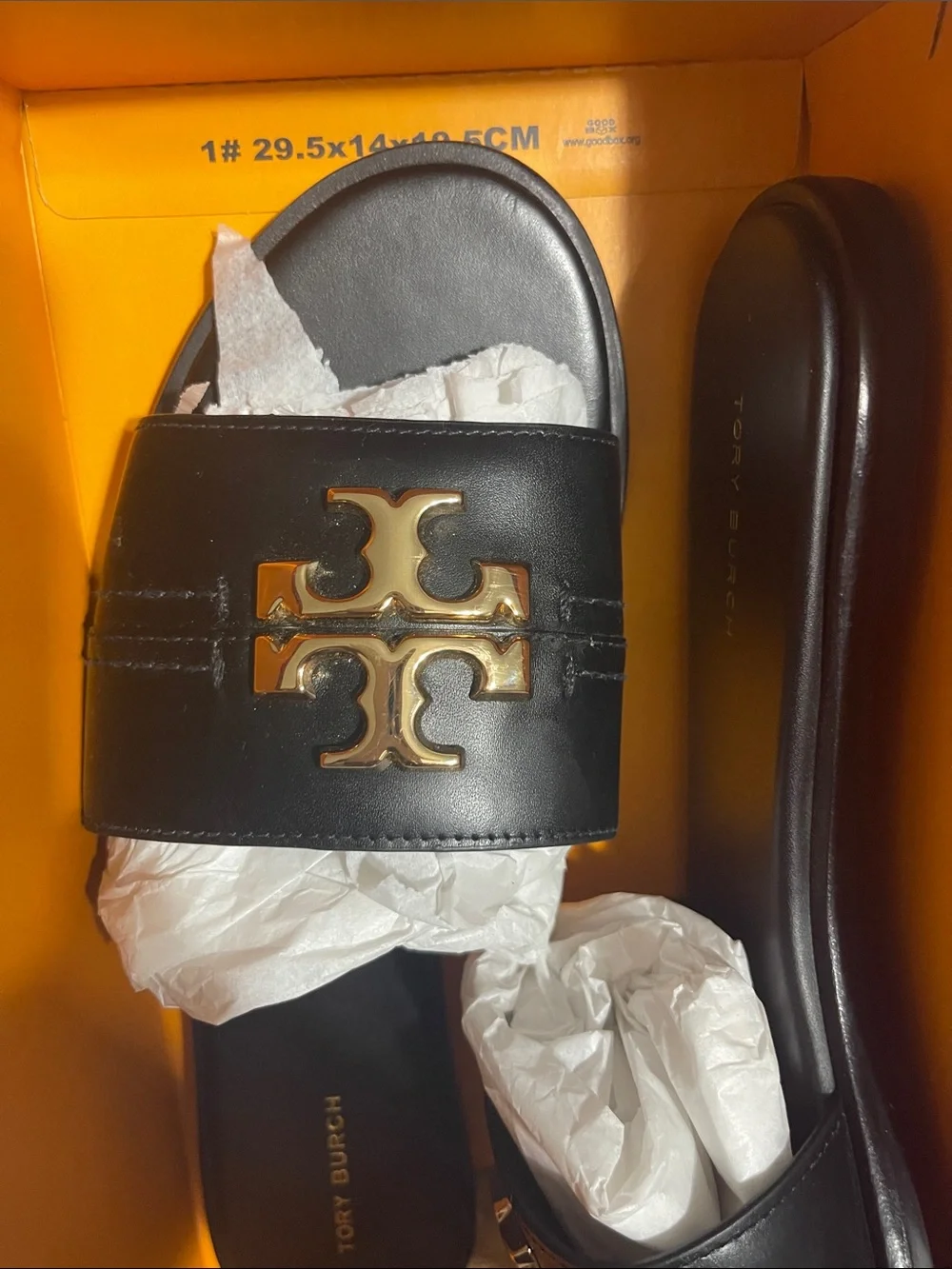 Tory Burch Black Leather Slides with Gold Logo Hardware